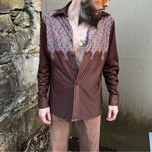 Vintage 1970s Disco Brown Paisley Long Sleeve Dagger Collar by Career Club “M”